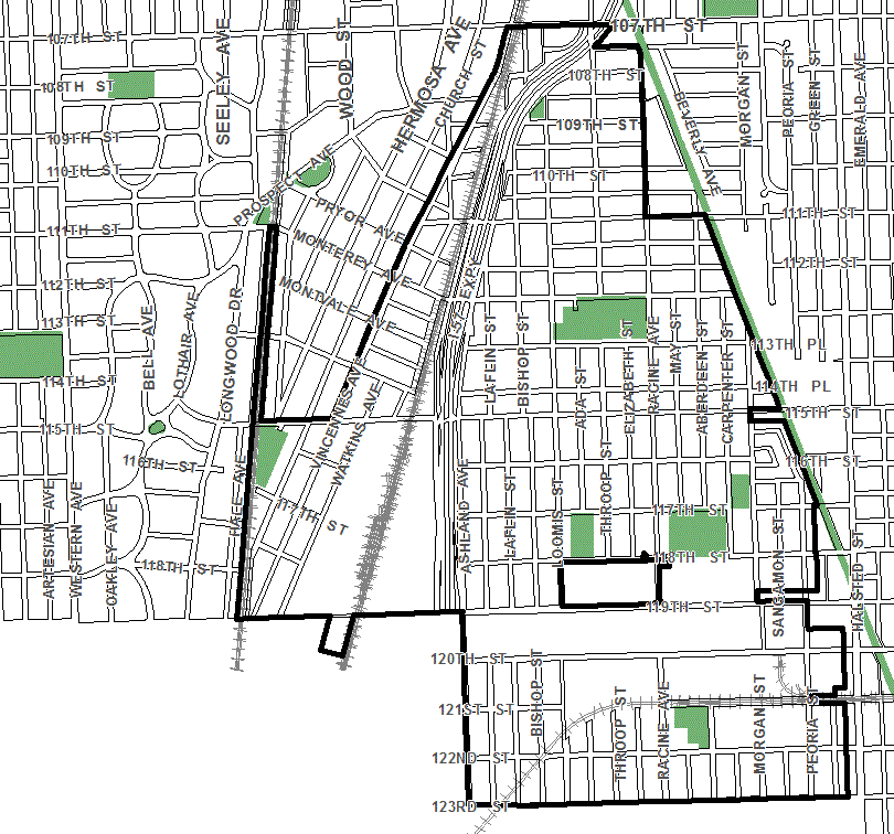 119th/I-57 TIF district, roughly bounded on the north by 107th Street, 123rd Street on the south, Racine Avenue on the east, and Hale Avenue on the west.